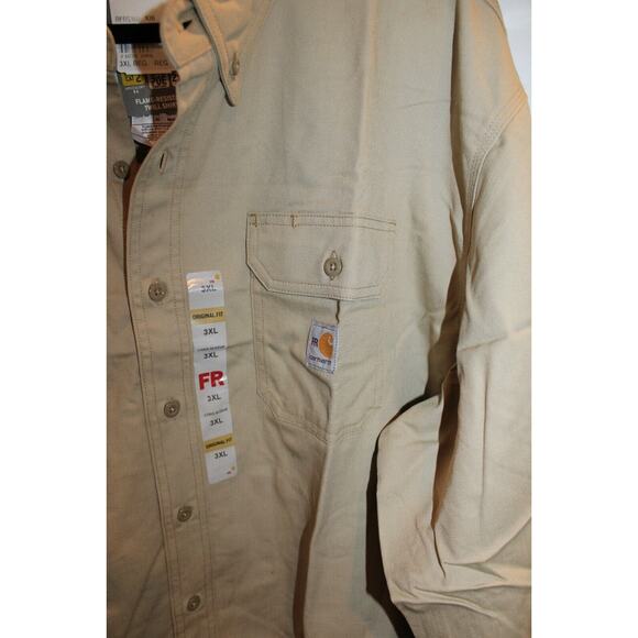 Carhartt Men's Flame Resistant Twill Button-Down Long Sleeve‎ T-Shirt Khaki - Picture 3 of 5